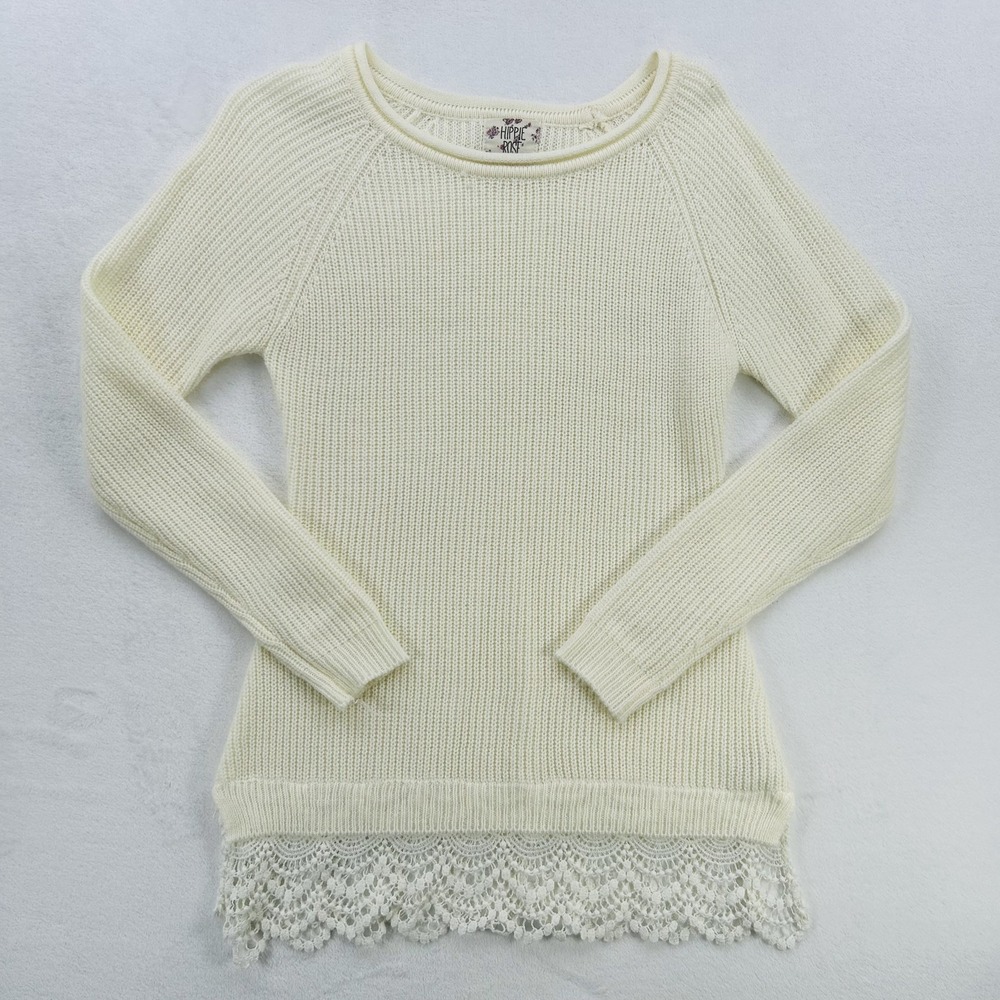 Hippie Rose Sweater Womens Small Ivory Knit Pullover Lace Hem Long Sleeve Boho